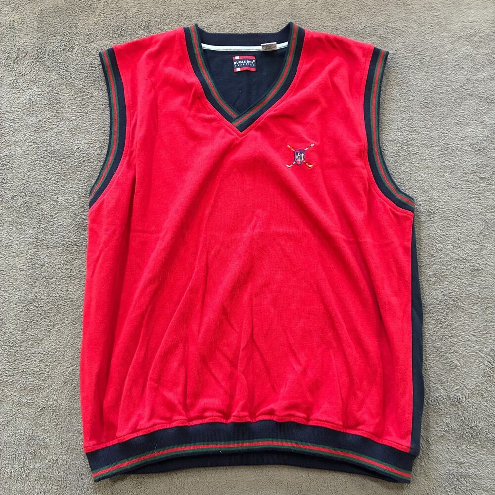 Vintage Bugle Boy Red Navy Ribbed V-Neck Knit Golf Preppy Sweater Vest Mens Sz M